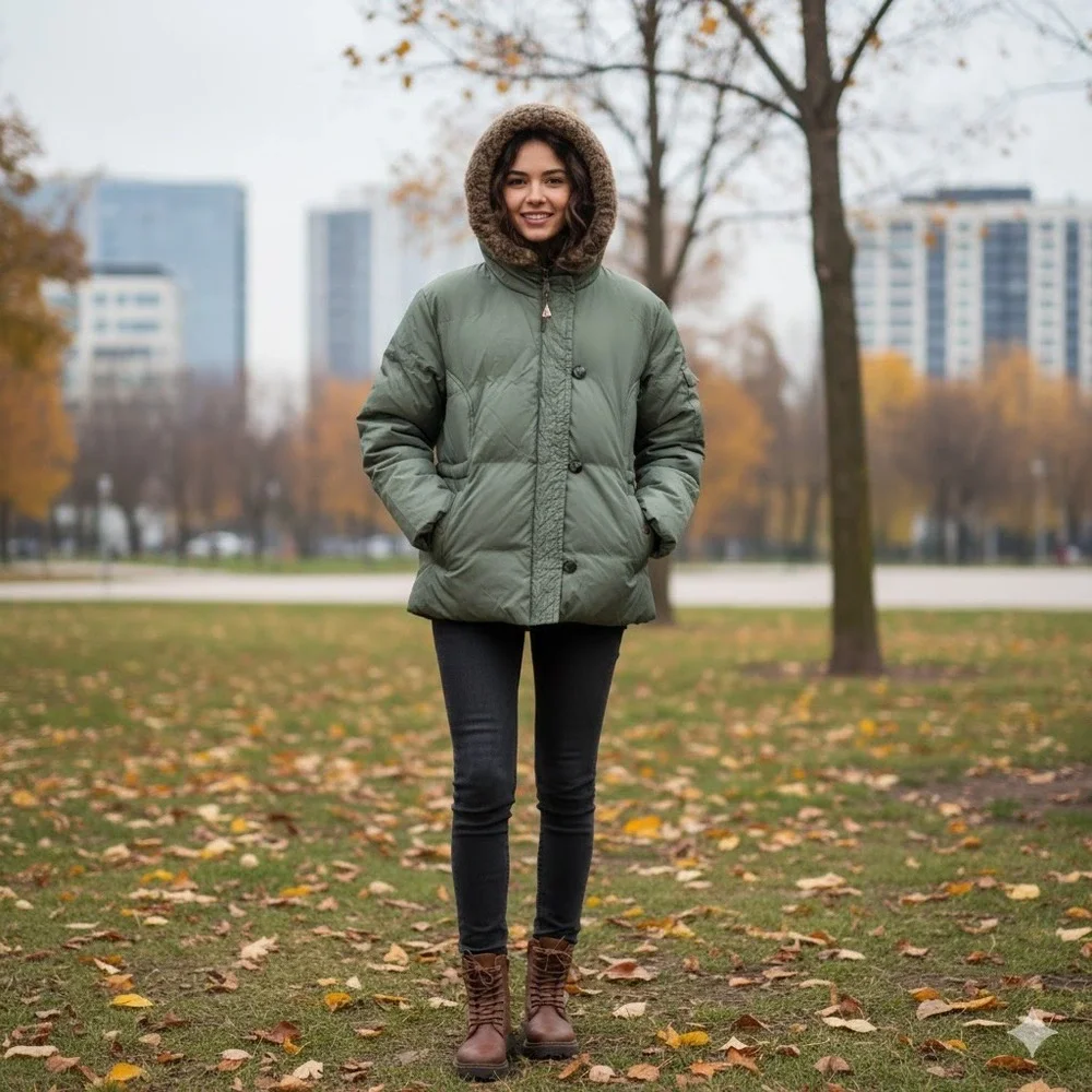 Y2K Fashion Bug Womens Olive Green Down Puffer Jacket Faux Fur Trim Hood 14/16W - Picture 10 of 10